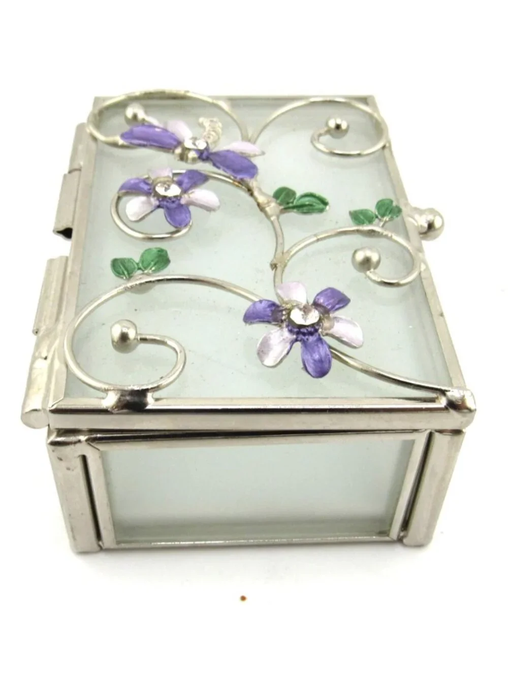 VINTAGE DRAGONFLY/FLORAL FROSTED GLASS METAL TRIM VANITY TRINKET JEWELRY BOX